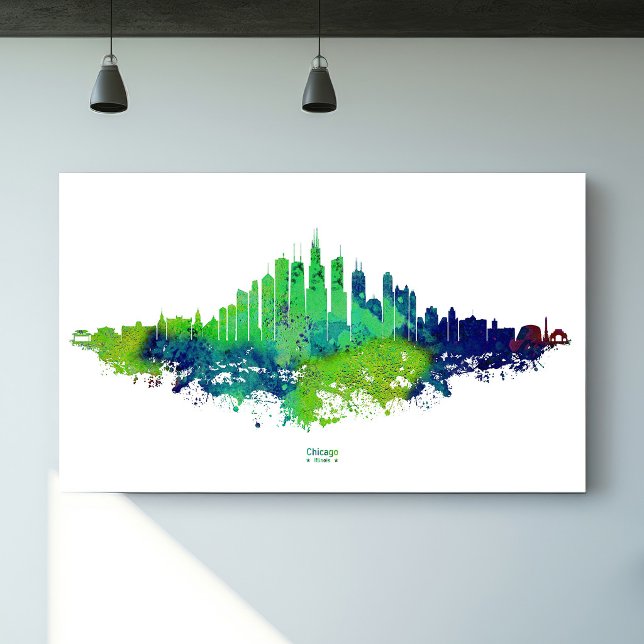 Impressions d'art à l'aquarelle de la skyline de C (Chicago Skyline Watercolor Blue & Lime Art Prints. Poster)