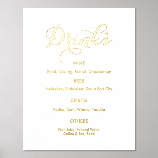 Impressions Dorure Bar à boissons mariage Menu Gold White (Recto)