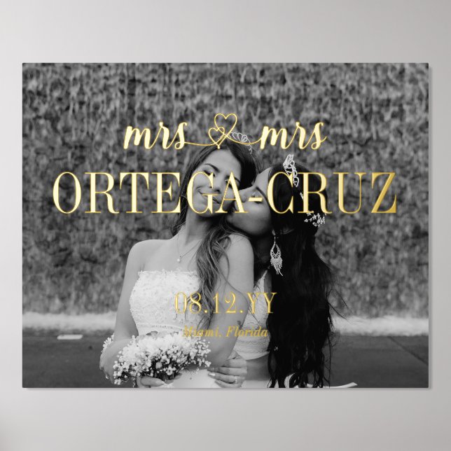 Impressions Dorure Coeurs Mrs & Mrs Nom Mariage lesbien Photo (Recto)