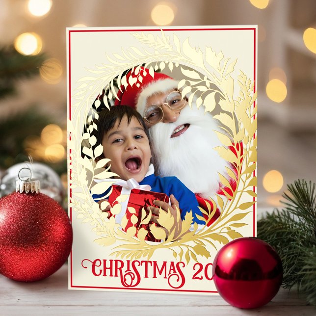 Impressions Dorure Elégante couronne d'or Noël Photo Année et photo (Elegant gold foil wreath Christmas photo poster)