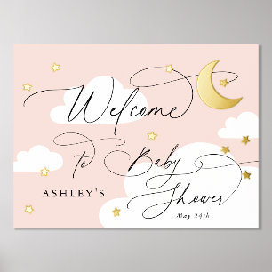 Impressions Dorure Lune et étoiles Nuages Rose Baby shower d'accueil