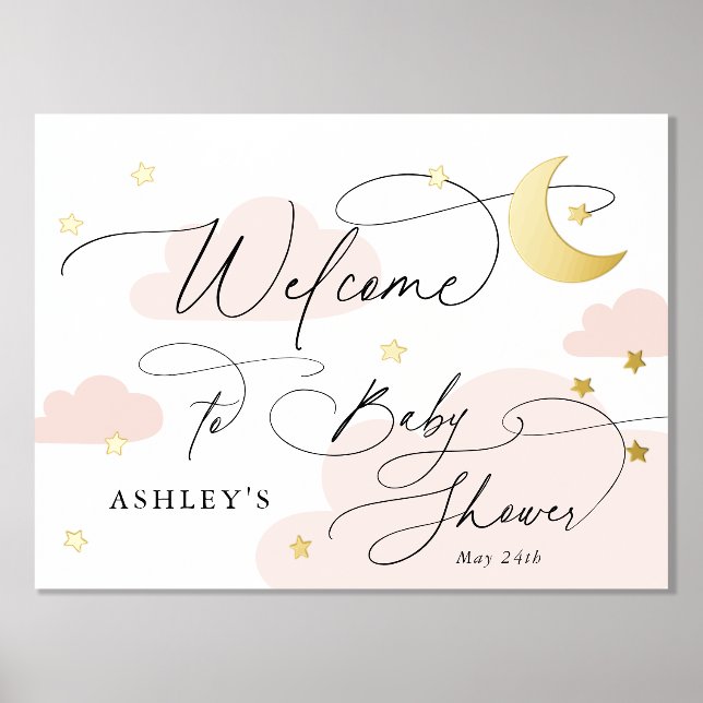 Impressions Dorure Lune et étoiles Nuages Rose Baby shower d'accueil (Recto)