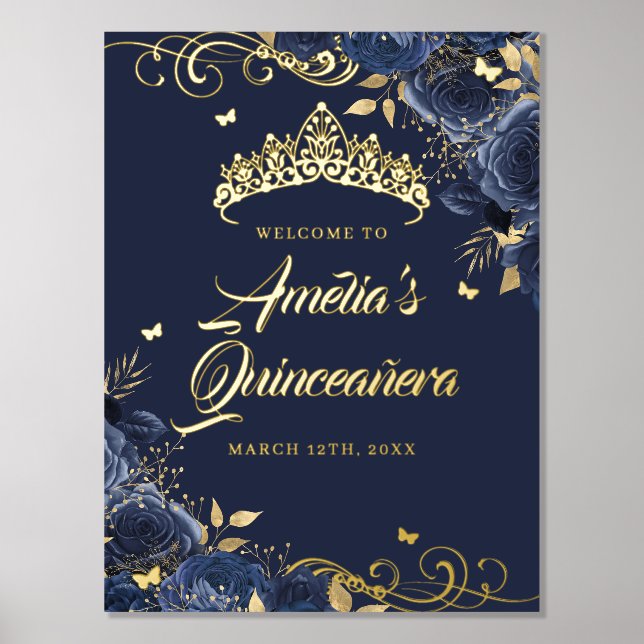 Impressions Dorure Marine Floral Swirl Quinceanera Affiche de bienven (Recto)