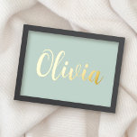 Impressions Dorure Or ou argent nom élégant script pale vert mer<br><div class="desc">Poster avec votre nom personnalisé en feuille or ou argent sur un arrière - plan couleur vert mer pâle ou couleur personnalisée.</div>
