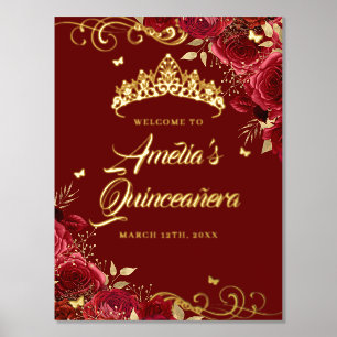 Impressions Dorure Rouges Floral Swirl Quinceanera Affiche de bienven