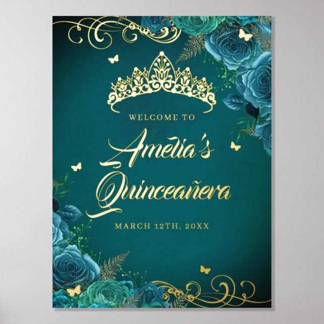 Impressions Dorure Turquoise Swirl Quinceanera Affiche de bienvenue o (Recto)