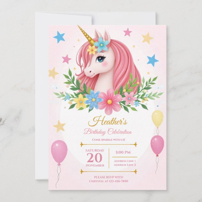 Imprimable licorne magique Invitations d'anniversa (Devant)