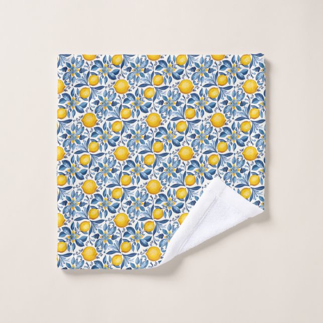 Imprimé botanique de citron bleu et jaune d'été (Gant de toilette)