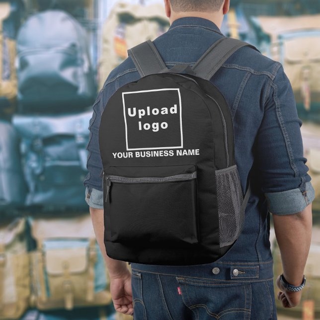 Imprimé Nom de l'entreprise et logo sur sac à dos noir (Build brand name awareness. Your business name and logo on black backpack.)