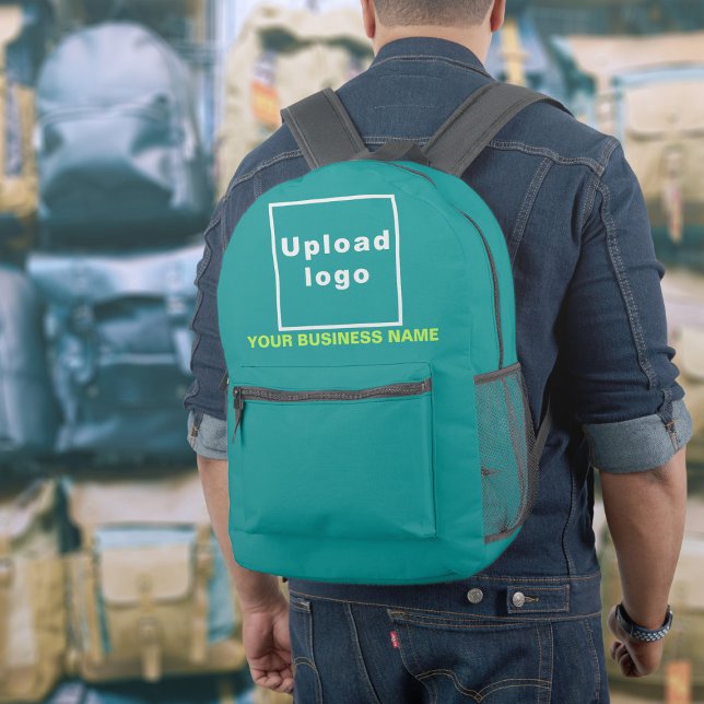 Imprimé Nom de l'entreprise et logo sur sac à dos vert sar (Build brand name awareness. Your business name and logo on teal green backpack.)