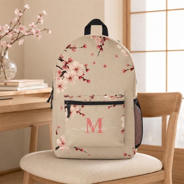 Imprimé Sac à dos à monogramme corail et fleurs de cerisie (Pink Cherry Blossom Custom Monogram Name Printed Backpack)