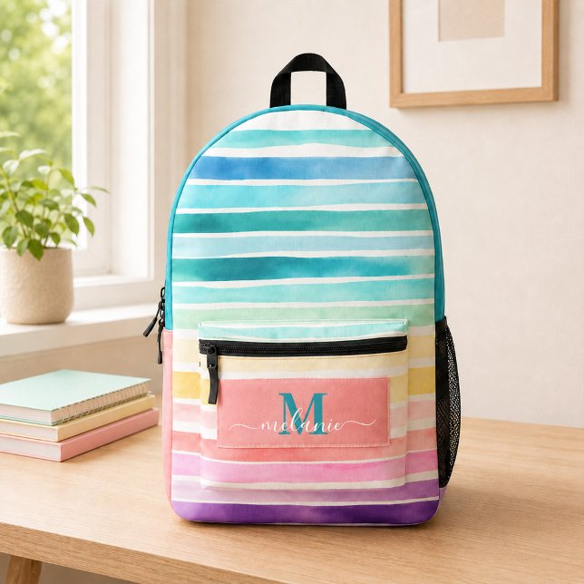 Imprimé Sac à dos avec monogramme turquoise et rayures arc (Colorful Stripes Rainbow Custom Monogram Name Printed Backpack)