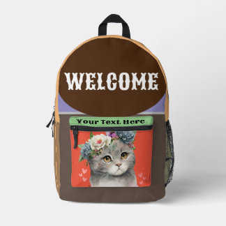 Imprimé Sac à dos chat floral mignon, sac d'école pour ama