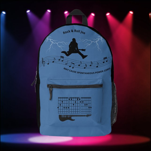 Imprimé Sac à dos de guitariste Rock and Roll bleu et noir (Legendary Style Rock and Roll Guitarist Backpack Blue & Black)