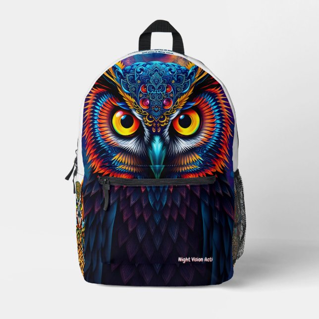 Imprimé Sac à dos “Electric Dream Owl” – Vision nocturne. (Recto)