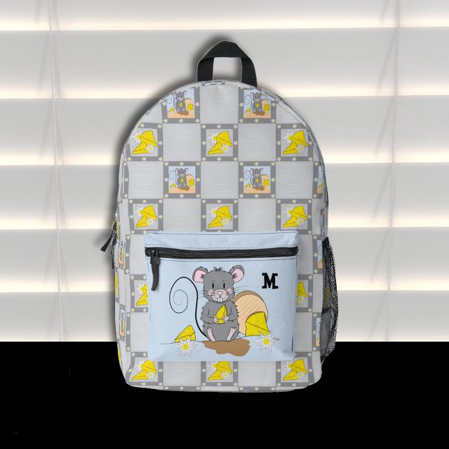 Imprimé Sac à dos monogrammé Souris mangeant du fromage  (Cartoon mouse eating cheese backpack with name initial .)