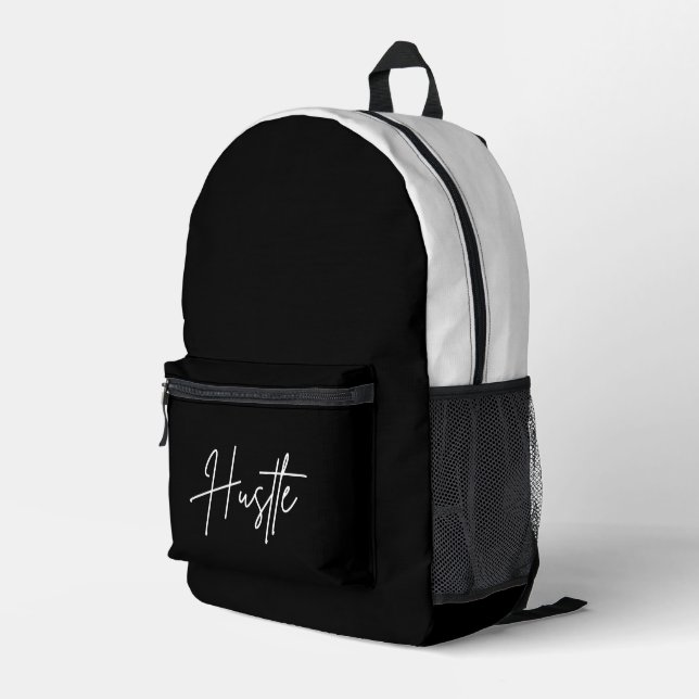 Imprimé Sac à dos noir et blanc - Sac à dos citation Hustl (Coin arrière droit)