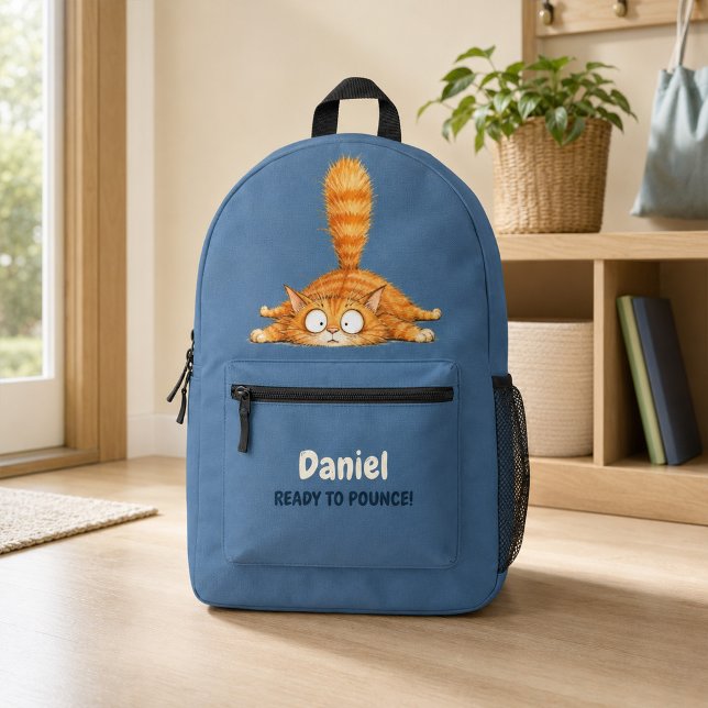 Imprimé Sac À Dos Personnalisé Drôle Chat Orange Bleu Enfa (Personalized Funny Orange Cat Blue Kids School Printed Backpack)