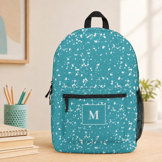 Imprimé Sac à dos personnalisé monogramme en Terrazzo Turq (Turquoise Terrazzo Custom Monogram Printed Backpack)