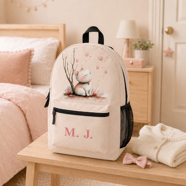 Imprimé Sac à dos personnalisé pour école avec chaton mign (Personalized Cute Kitten with Hearts" Kids School Printed Backpack)