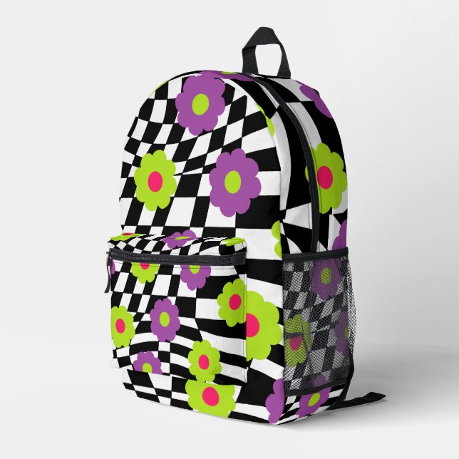 Imprimé Sac à dos Rétro à Damier et Fleurs (Coin arrière droit)