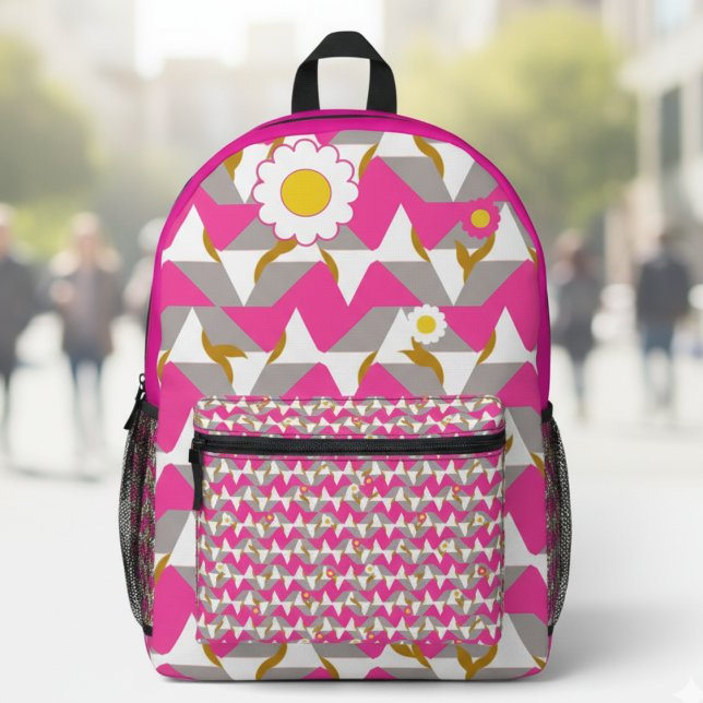Imprimé Sac à dos rose et jaune bohème pour filles (Bold pink pattern with floral fun. A cute everyday carry for girls who love color.)