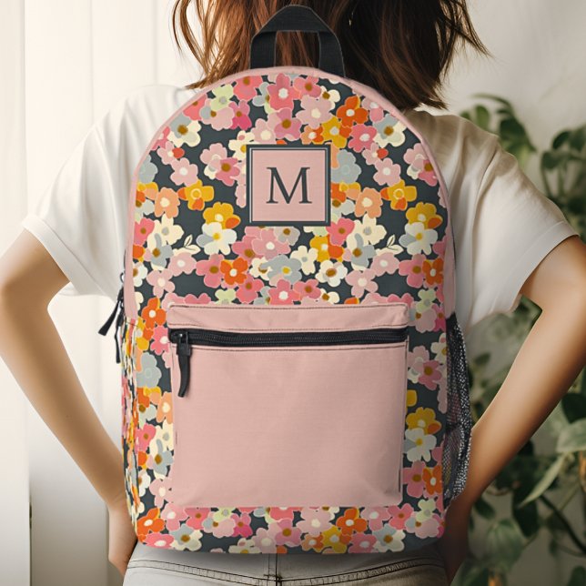Imprimé Sac à dos rose floral à monogramme chic initial (Créateur téléchargé)
