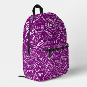 Imprimé Sac à dos violet avec texte d'amour multilingue