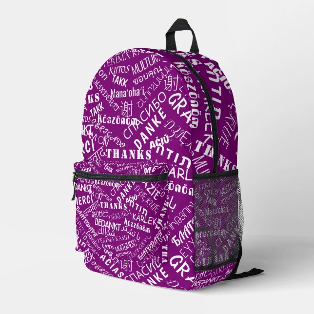 Imprimé Sac à dos violet avec texte MERCI multilingue (Coin arrière droit)