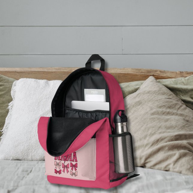 Imprimé Sac à langer à dos Mama rubans coquette rose (Mama Pink Bow Coquette Aesthetic backpack or diaper bag. Baby shower new mom gift,)