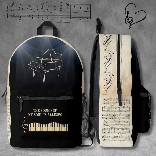 Imprimé Symphonie musicale Sac à dos de piano noir et tan (Musical Symphony Black and Tan Piano Backpack)