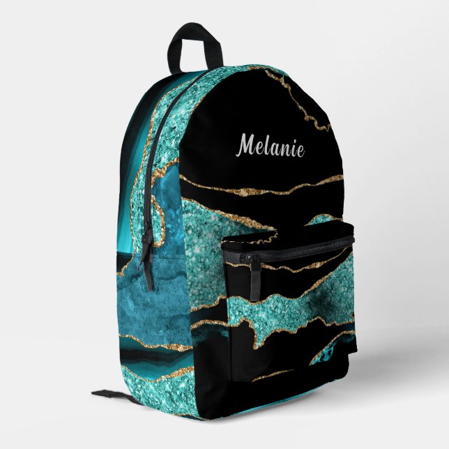 Imprimé Turquoise Bleu Noir sac à dos avec nom personnalis (Coin arrière gauche)
