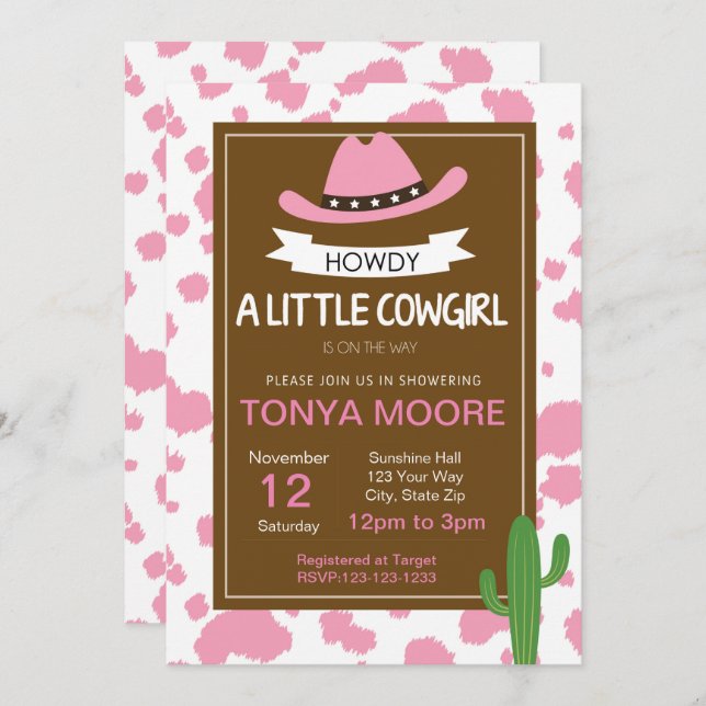 Imprimer Invitation Baby shower Cowgirl (Devant / Derrière)