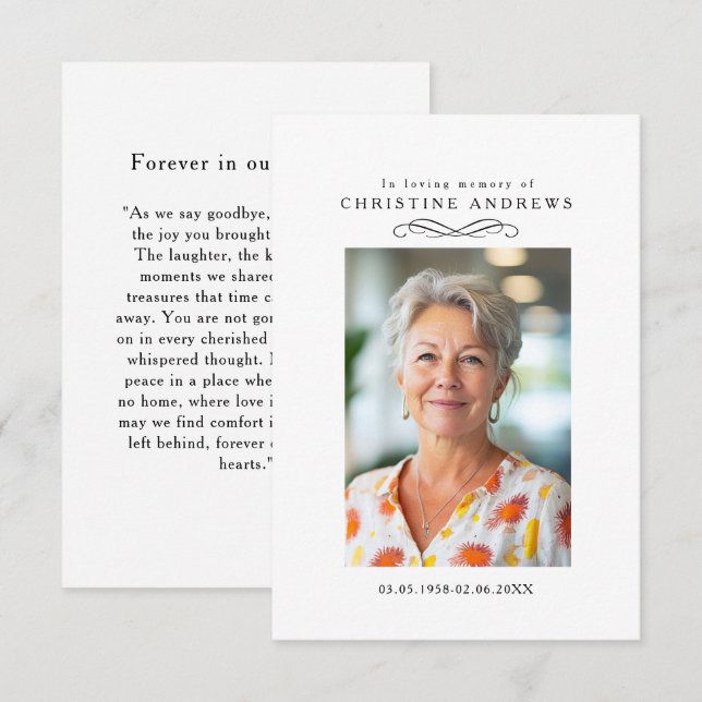 "In loving Memory" Elegant White Photo Prayer (Devant / Derrière)