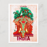 Inde, éléphant rouge, carte postale voyage vintage