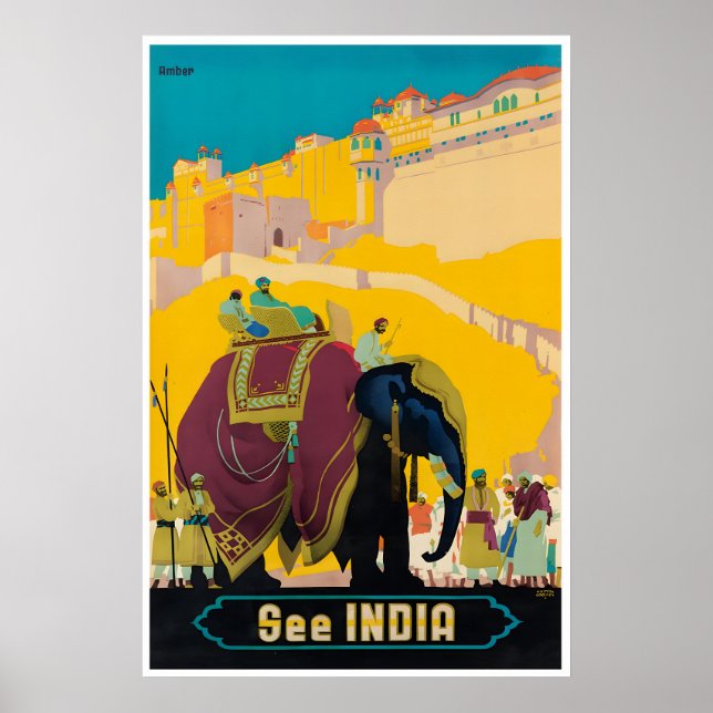 India Travel Poster Indian Print Elephant Art (Devant)