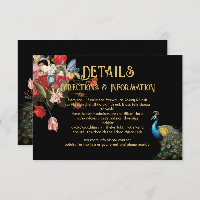 Indian Peacock Floral Mariage Détails carte d'info (Devant / Derrière)