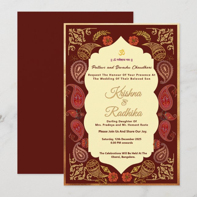 Indian wedding ethnic luxury Hindu invitation (Devant / Derrière)
