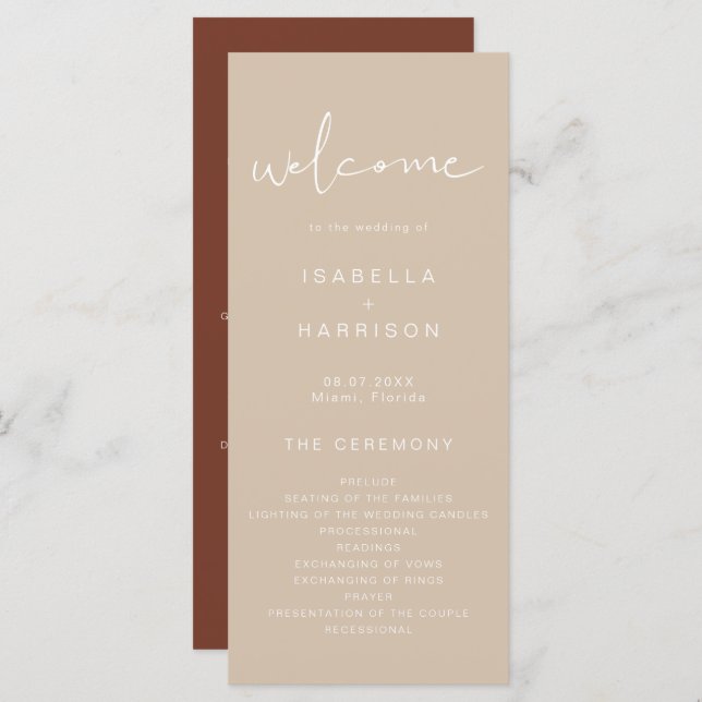INDIE Bohemian Earth Toned Beige Wedding Programme (Devant / Derrière)