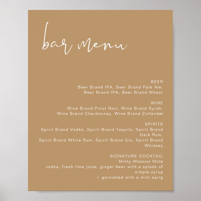 INDIE Boho Earth Toned Mariage Bar Menu Poster (Devant)