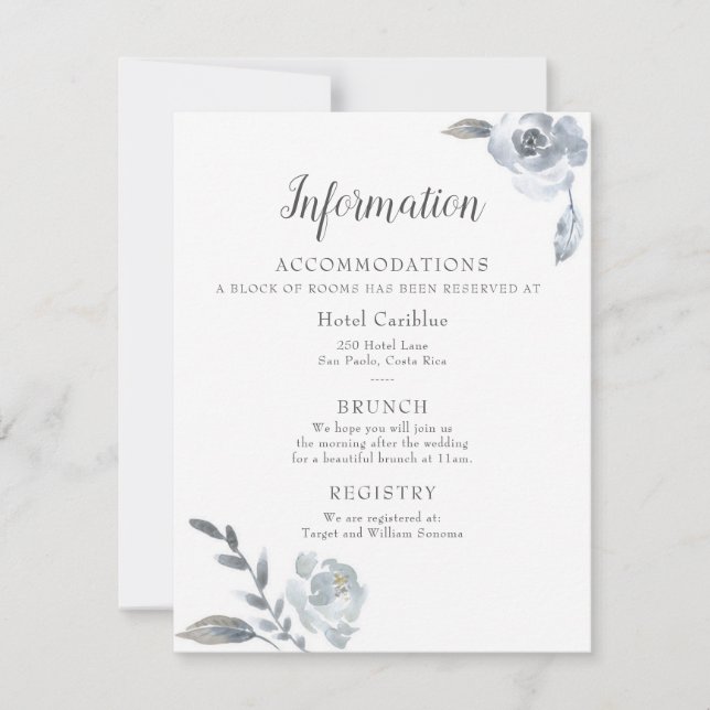 Indigo Dusty Blue Floral Mariage Détails Carte (Devant)