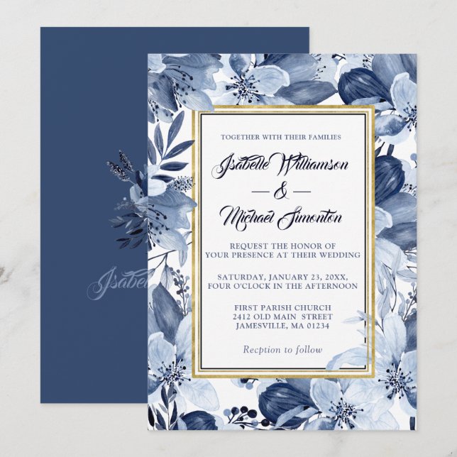 Indigo Garden avec Gold Frame Mariage Invitation (Devant / Derrière)
