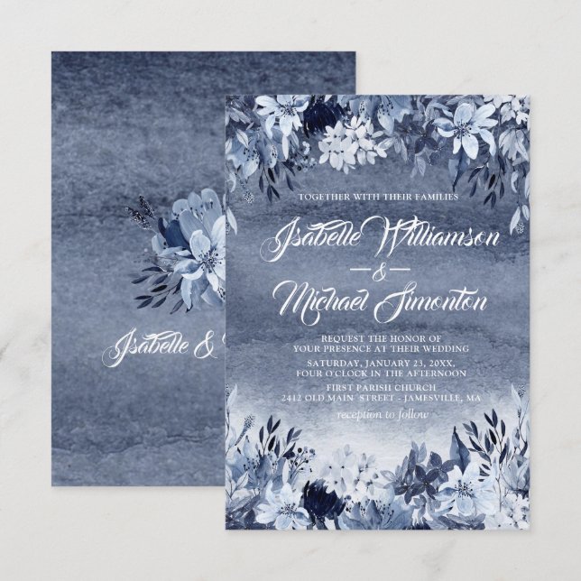 Indigo Garden Faire-part de mariage d'aquarelle mo (Devant / Derrière)