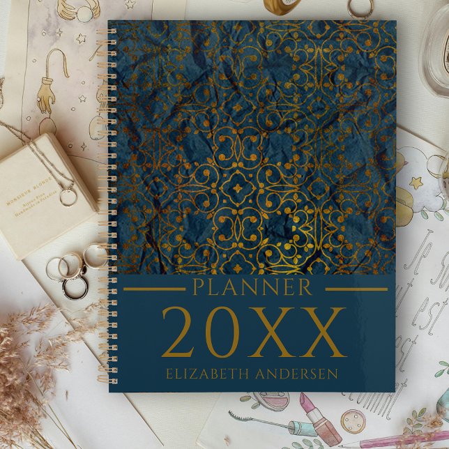 Indigo Gold Classic Élégant Damask Year Planner (Créateur téléchargé)