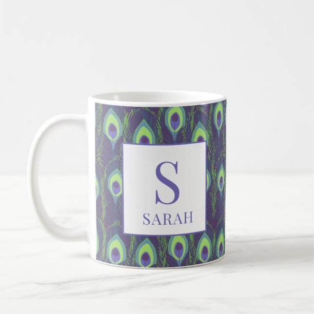 Indigo Lime Green Peacock Custom Initial Mug (Gauche)