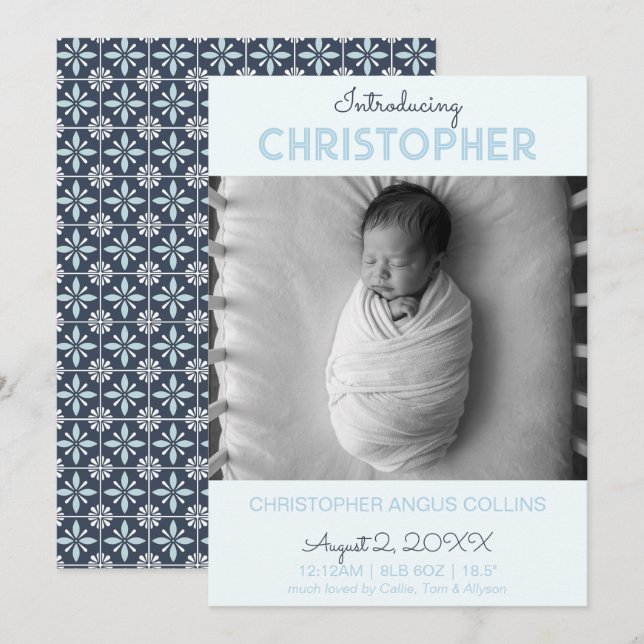 Indigo Modern Tile Birth Announcement Card (Devant / Derrière)