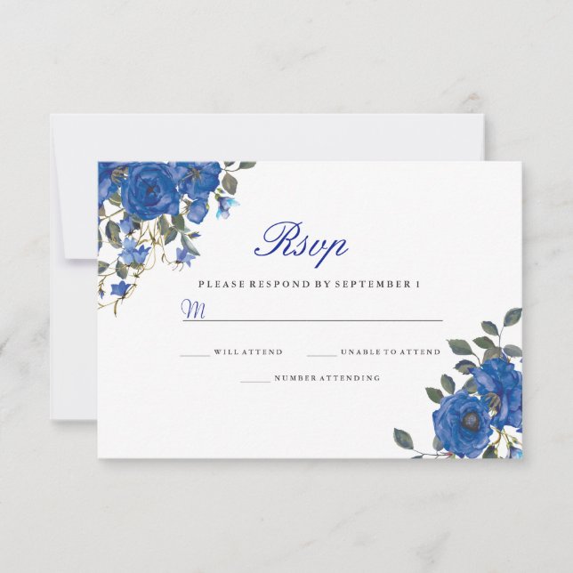 Indigo Navy Midnight Blue Flowers Wedding RSVP (Devant)