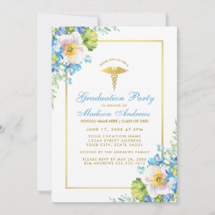 Infirmière Blue Floral Gold Grad Party Invitation 