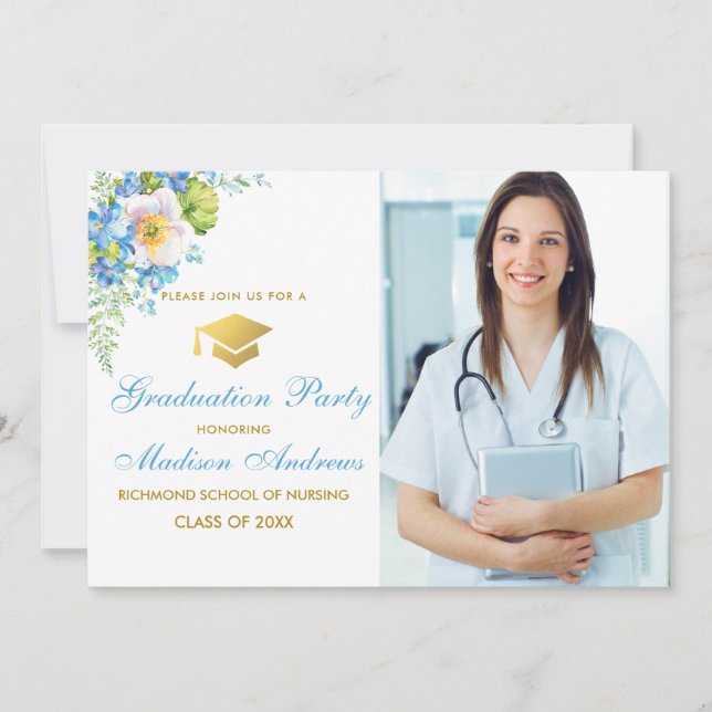 Infirmière Blue Floral Gold Invitation (Devant)