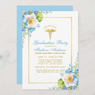 Infirmière Blue Floral Gold Invitation B